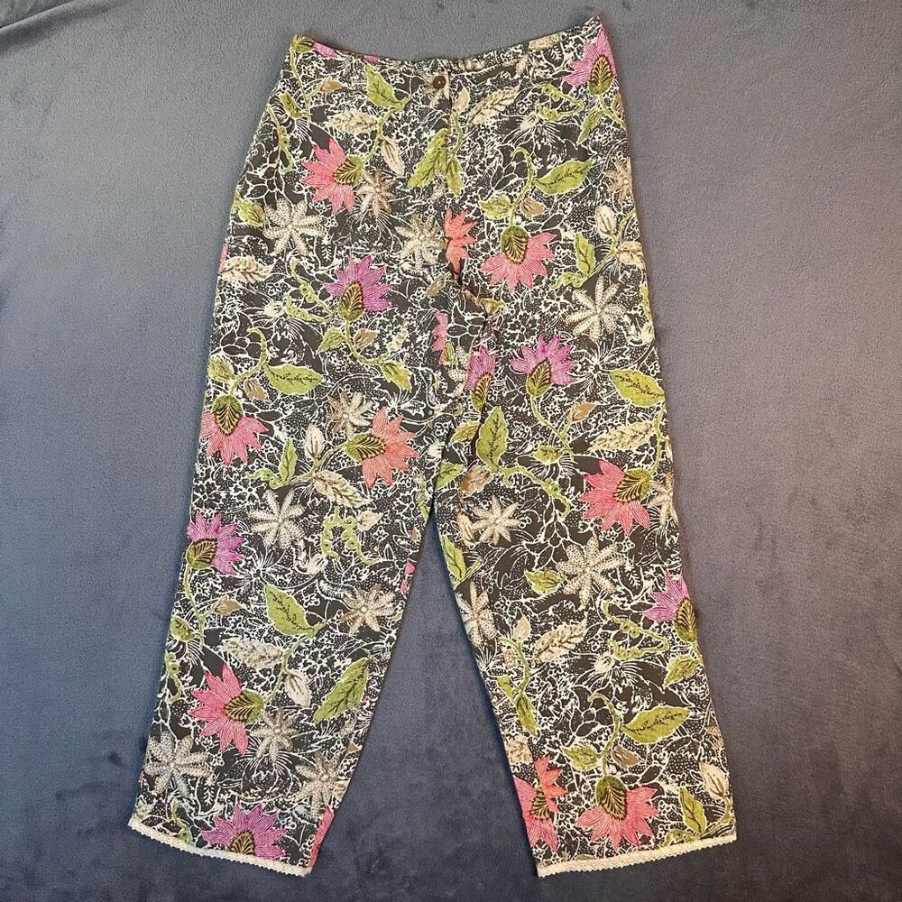 Sigrid Olsen Sport Floral Cropped Capri Pants Womens 8 Brown Green Pink Lace Hem